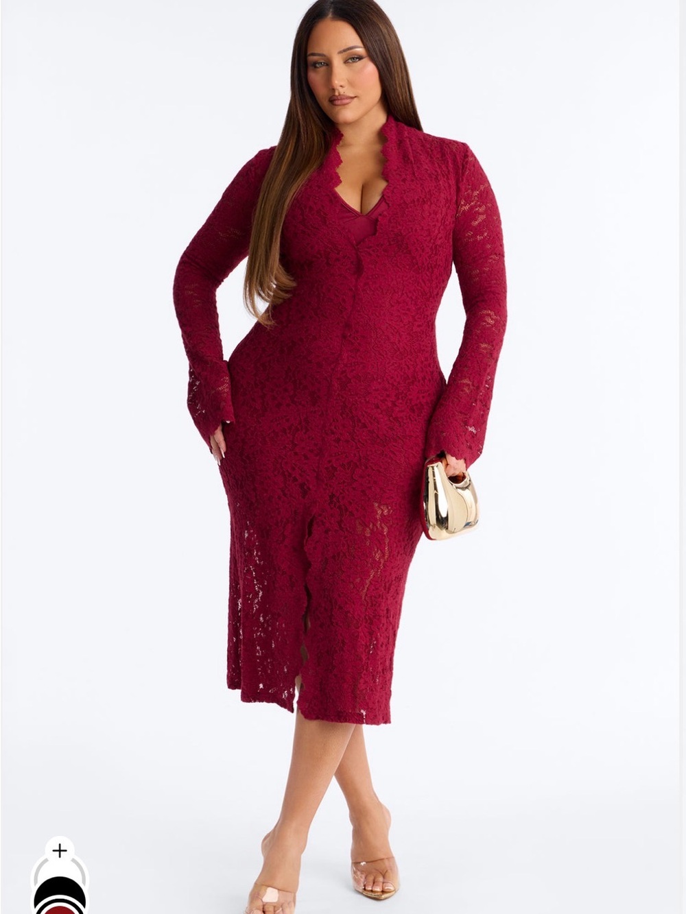 Fashion Nova Scalloped Lace Midi Dress in Wine
